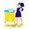Woman cooking food in microwave oven. Cartoon female in apron waiting for popcorn
