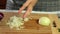 Woman cooking at home hands cutting onions