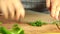 Woman cooking at home hands cutting parsley