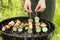 Woman cooking juicy meat with vegetables on barbecue grill outdoors