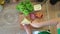 woman cooking sandwich at the kitchen overhead top view