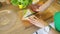 Woman cooking sandwich at the kitchen overhead top view