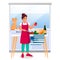 Woman cooking vegetable salad in kitchen. Girl with red cat makes healthy dietic lunch or dinner. Vector illustration