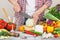 Woman cooks on the kitchen, soft focus background