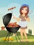 Woman cooks skewers and sausages on the barbecue