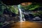 Woman cooling off in a mountain oasis and waterfall