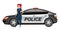 Woman cop standing by automobile flat color vector faceless character