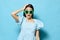 woman copy dress studio style space summer fashion beautiful model blue young background