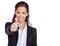 Woman, corporate and studio portrait with thumbs up, smile and success by white background. Isolated executive, business