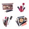 Woman cosmetic. makeup beauty accessories bronzer liquid lipstick nail polish mascara makeup pencil eyelashes powder