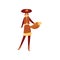 Woman in costume of fox with red hat and tail. Girl in clothing for Halloween. Stylish outfit. Flat vector design
