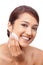 Woman, cotton pad and beauty with portrait, face and model for makeup removal on white background. Happy, beautiful and