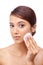Woman, cotton pad and beauty with portrait, face and model for skincare, cosmetics on white background. Makeup