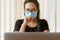 Woman cough with face mask protection while working, Coronavirus, air pollution, allergy sick woman with medical mask