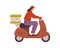 Woman courier driving scooter with delivery box. Deliverywoman riding moped. Person delivering food and goods on