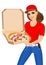 Woman courier holding a hot pizza