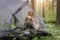 Woman covered with warm sleeping bag meets cold morning in sitting in a touristic camping tent with a cup of hot tea