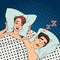 Woman covering ears while man snoring in bed at home sleep problem vector.