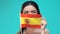 Woman covering mouth by Spanish flag, translation agency, education abroad