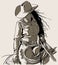 Woman with a cowboy hat. Cowboy girl riding horse with lasso. Hand drawn vector illustration.