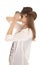 Woman cowgirl white blouse touch hat