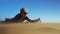 A woman crawling for a bottle of water on the sand desert