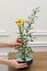 Woman creating stylish ikebana with beautiful yellow flowers and green branch at wooden table, closeup