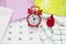 Woman critical days, gynecological menstruation cycle, blood period. Menstrual sanitary soft pads, tampons, calendar, red clocks w