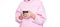 Woman crop view in casual pink hoodie using smartphone isolated on white, mobile social media