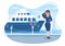 Woman Cruise Ship Captain Cartoon Illustration in Sailor Uniform Riding a Ships, Looking with Binoculars or Standing on the Harbor