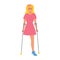 Woman on crutches with no leg. Female character undergoing rehabilitation