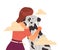 Woman Crying from Loneliness Embracing Her Dog Pet Vector Illustration