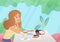 Woman with a cup of coffee and cake dessert. Cartoon cafe interior vector illustration.