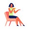 Woman with Cup Tea Sits on Chair. White Background