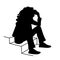 Woman with curly hair sitting on stairs. Stencil. Vector illustration of black silhouette of sitting girl isolated on