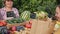 Woman customer buying organic groceries, close-up