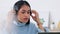 Woman customer service consultant, call center worker with headphones and home office tech. Start working on laptop