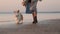 Woman and cute dog walking along sea beach and enjoying nature while traveling outdoors spbi.