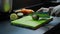 Woman cuts kiwi on kitchen with fresh fruits on background. Female cutting green kiwi by knife on wooden board. Woman preparing fr