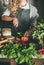 Woman cutting fresh ripe tomatoes on concrete kitchen counter