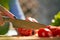 Woman cutting, slicing tomato in the kitchen, preparing for cooking. Close-up image. Cooking, food and home concept