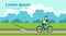 Woman cycling bike city park green lawn trees template landscape background copy space horizontal flat