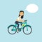 Woman cycling chat bubble character full length over blue background flat