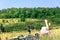 Woman cycling countryside