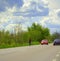 Woman cycling spring road scenery