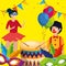 woman dacer and man clown with balloons and masks decoration