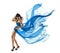Woman Dancing in Blue Dress. Fashion Model Fluttering Fabric