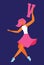 Woman dancing with english capital letter V. Flat happy character