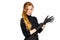 Woman in dark clothing of a beauty salon employee wears black latex gloves