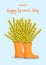 Woman day 8 March holiday card. Spring floral vector illustration. Bouquet of yellow forsythia flowers in rain boots